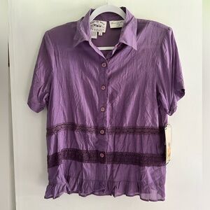 Handmade cotton blend purple lace detail button down blouse ruffle trim